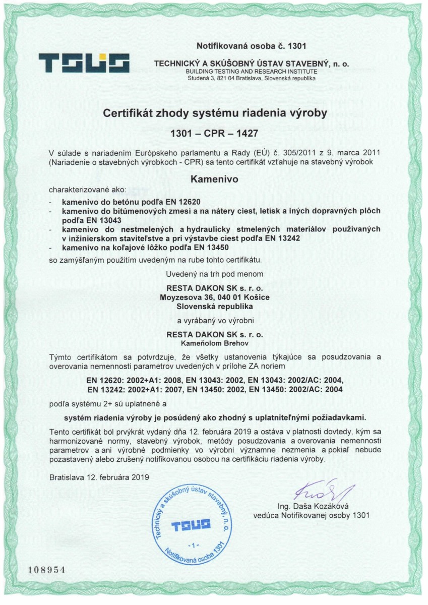 Certifikát kameňolom Brehov